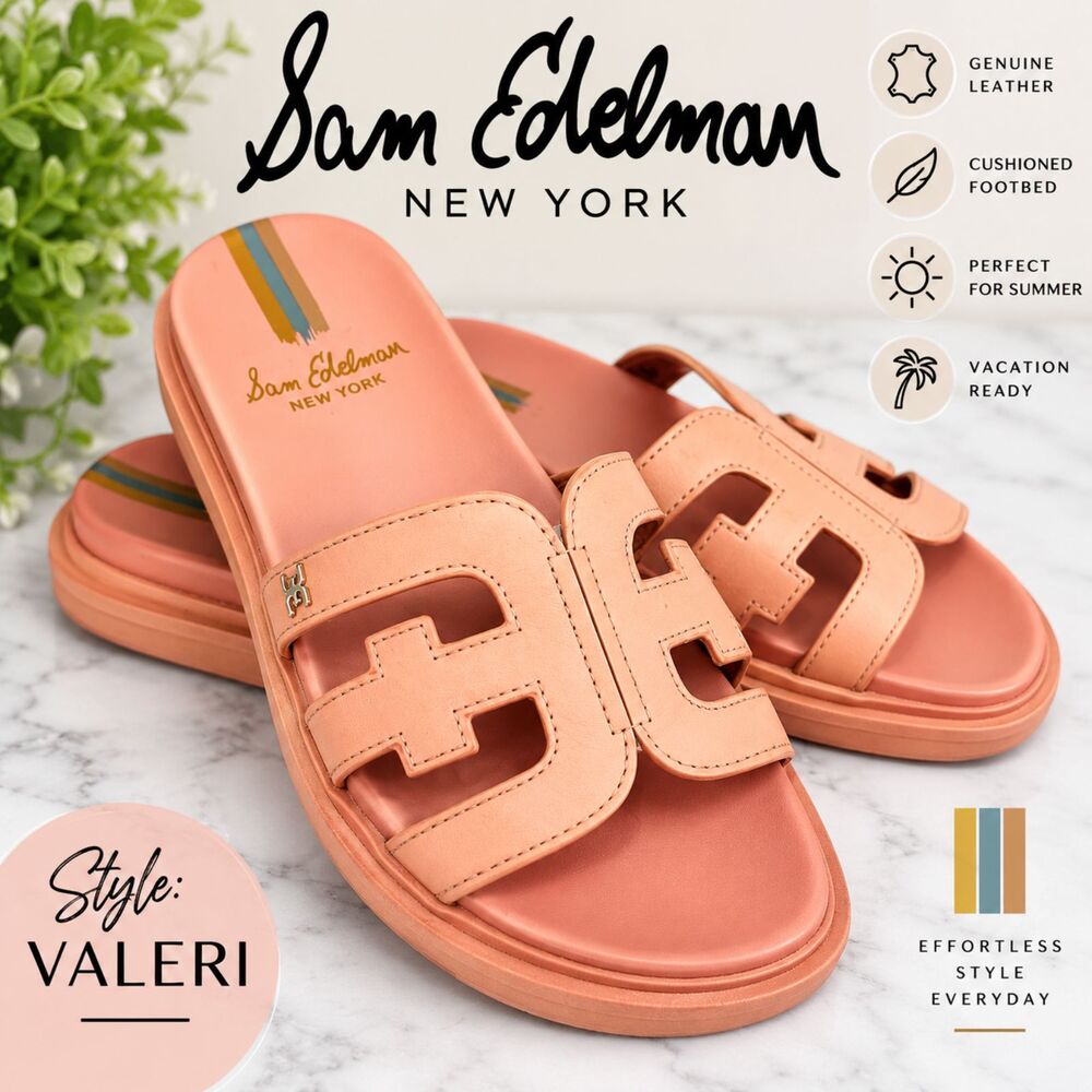 Sam Edelman Valeri Slide Sandals Women 7M Coral Leather Logo Cutout Platform